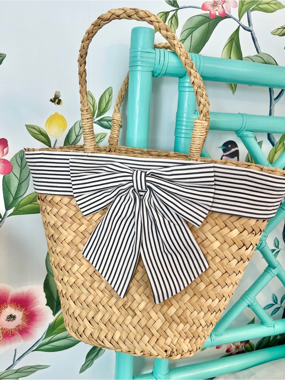 J. Crew Natural Straw Tote with Black and White Striped Bow